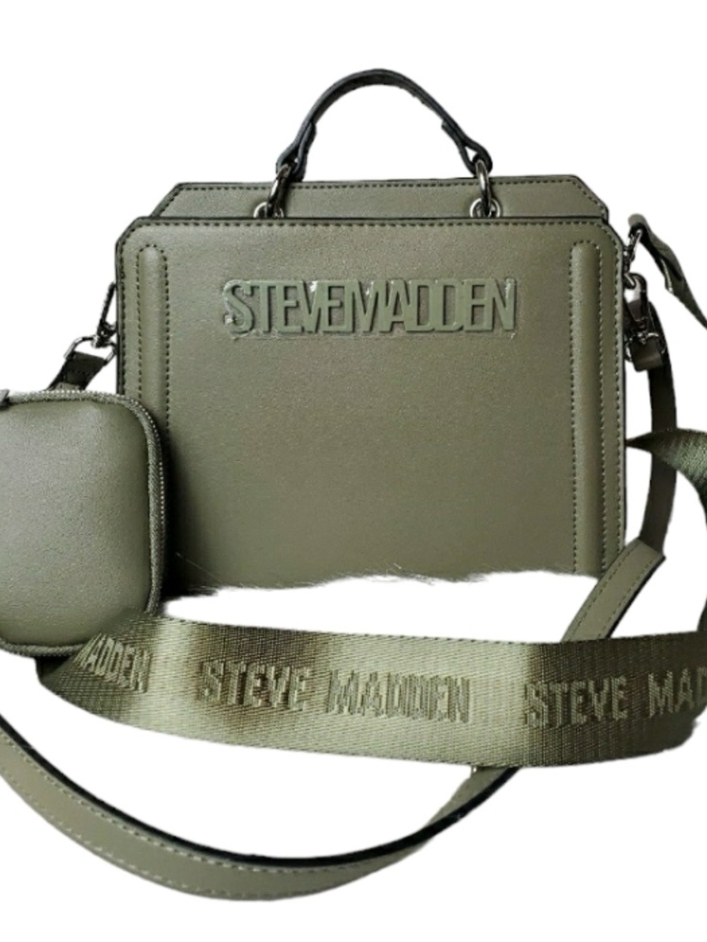 Steve Madden Olive Green Leather Crossbody Tote with Logo Strap
